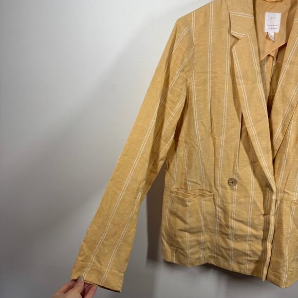 Lauren Conrad Linen Blazer Women M Yellow Golden White Stripe Spring Feminine - Picture 4 of 8